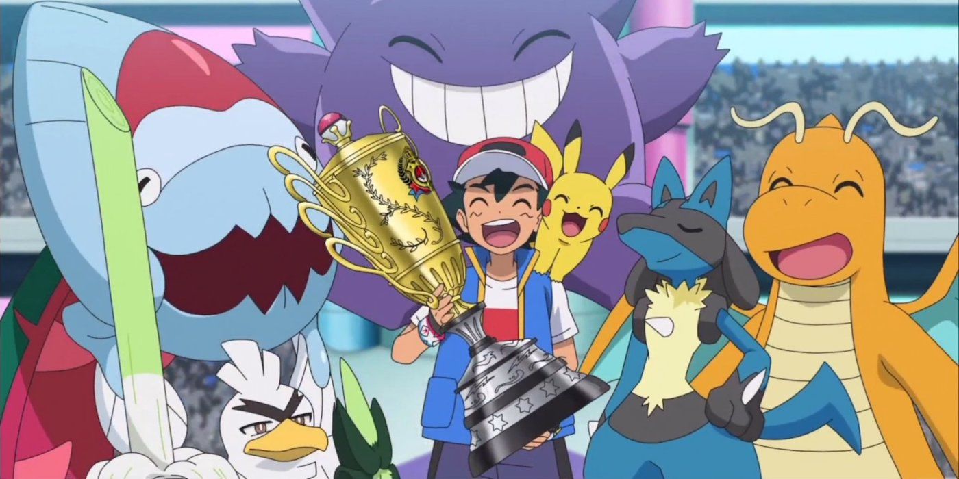 Ash and his Journeys Team hold the World Coronation Series trophy in Pokémon Journeys.