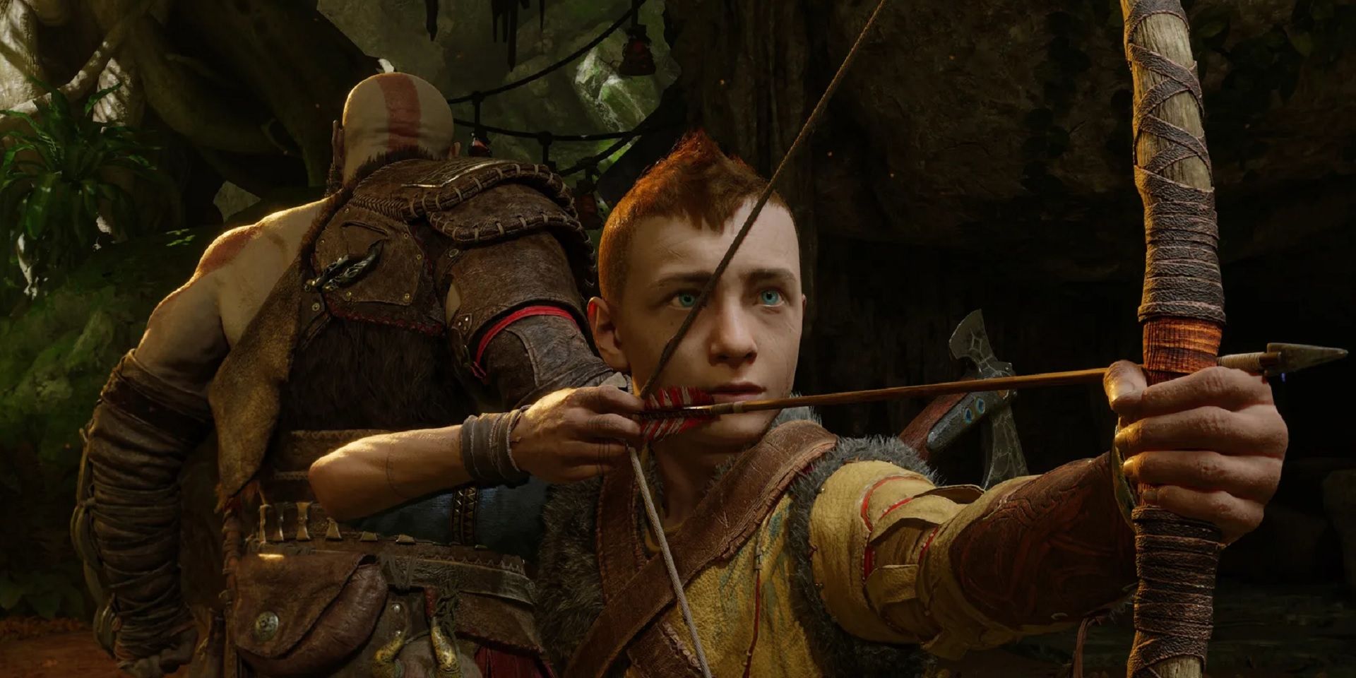 Atreus aims his bow with Kratos behind him in God of War Ragnarok.