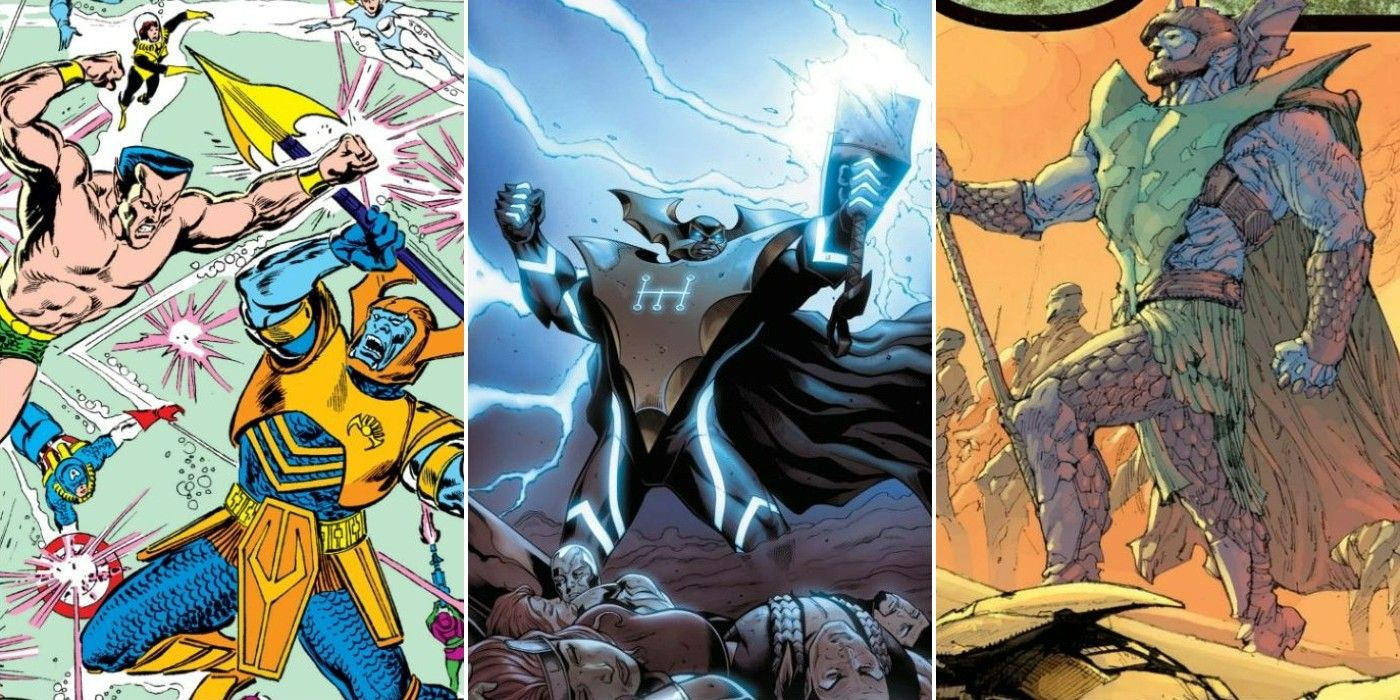 A split image of Attuma fighting Namor, of Attuma holding Nerkkod, and of Attuma standing with a spear in Marvel Comics
