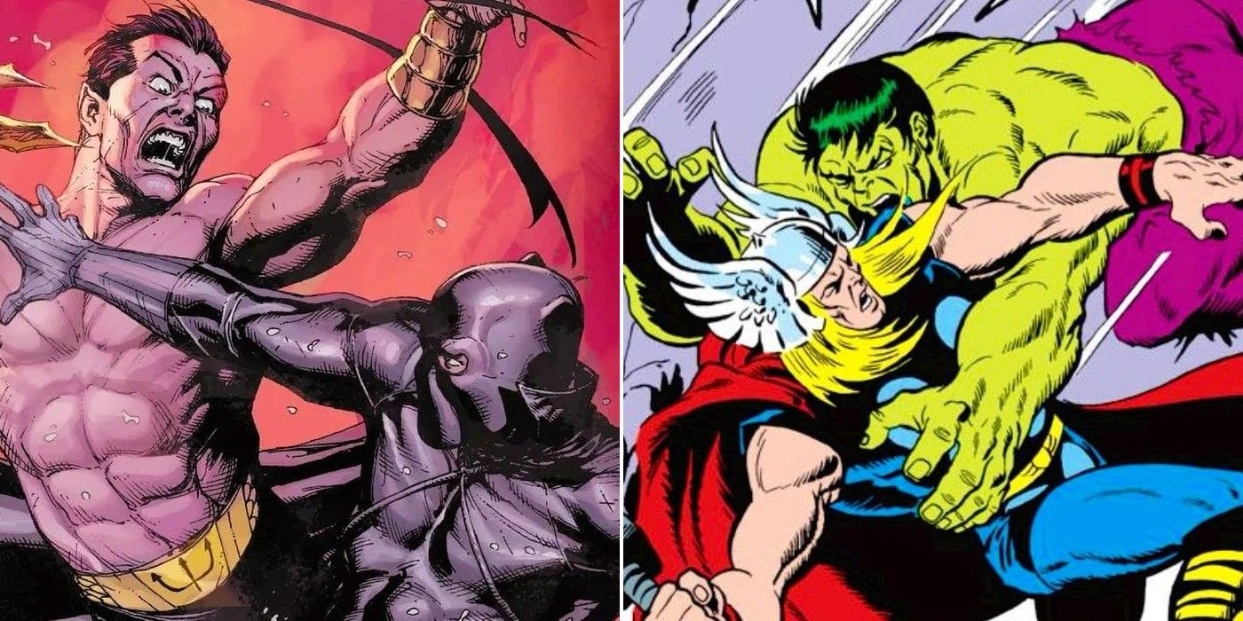 A slit image of Namor fighting Black Panther and of Hulk fighting Thor in Marvel Comics