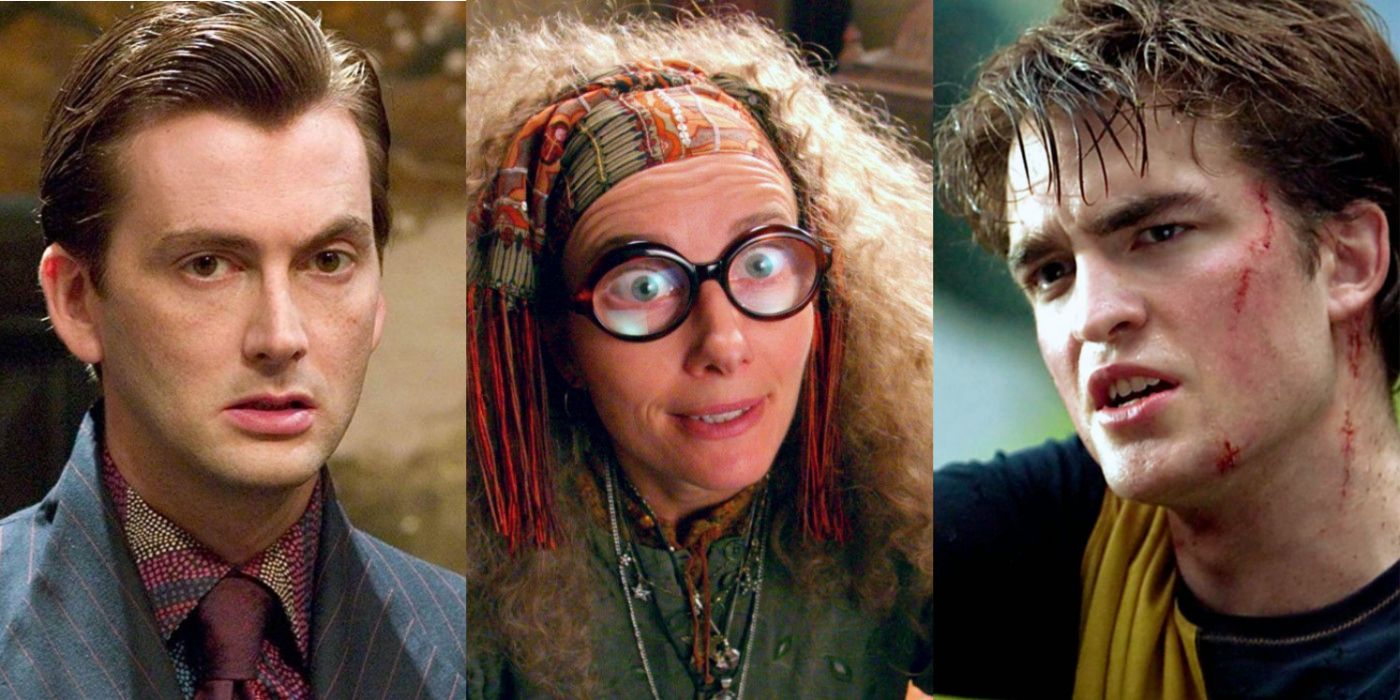 A split image of Barty Crouch Jr, Sybill Trelawney, and Cedric Diggory in Harry Potter