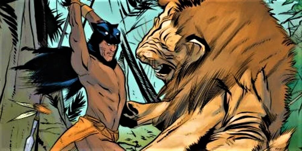Bashenga battles a lion in Marvel Comics