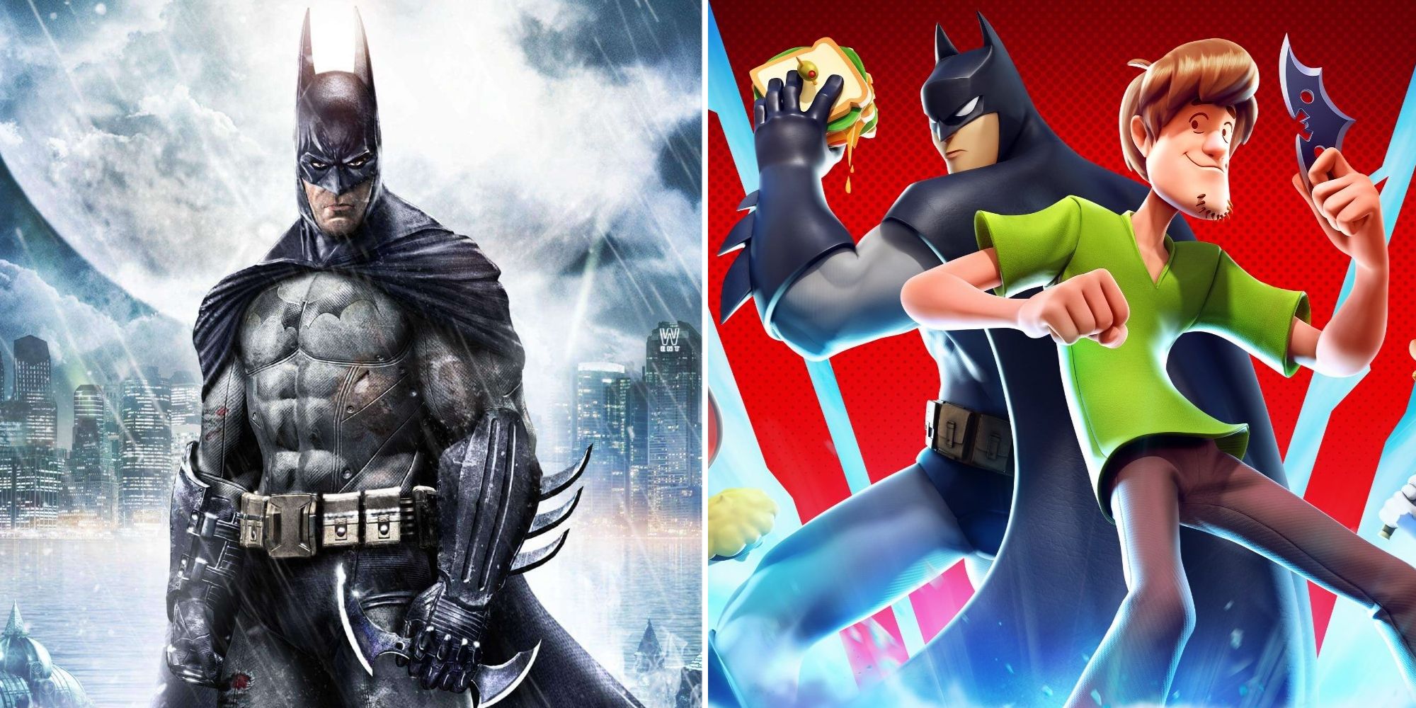 Batman standing in the rain on the cover of Batman Arkham Asylum while a sandwich-holding Batman stands next to a Batrang-holding Shaggy on the cover of MultiVersus