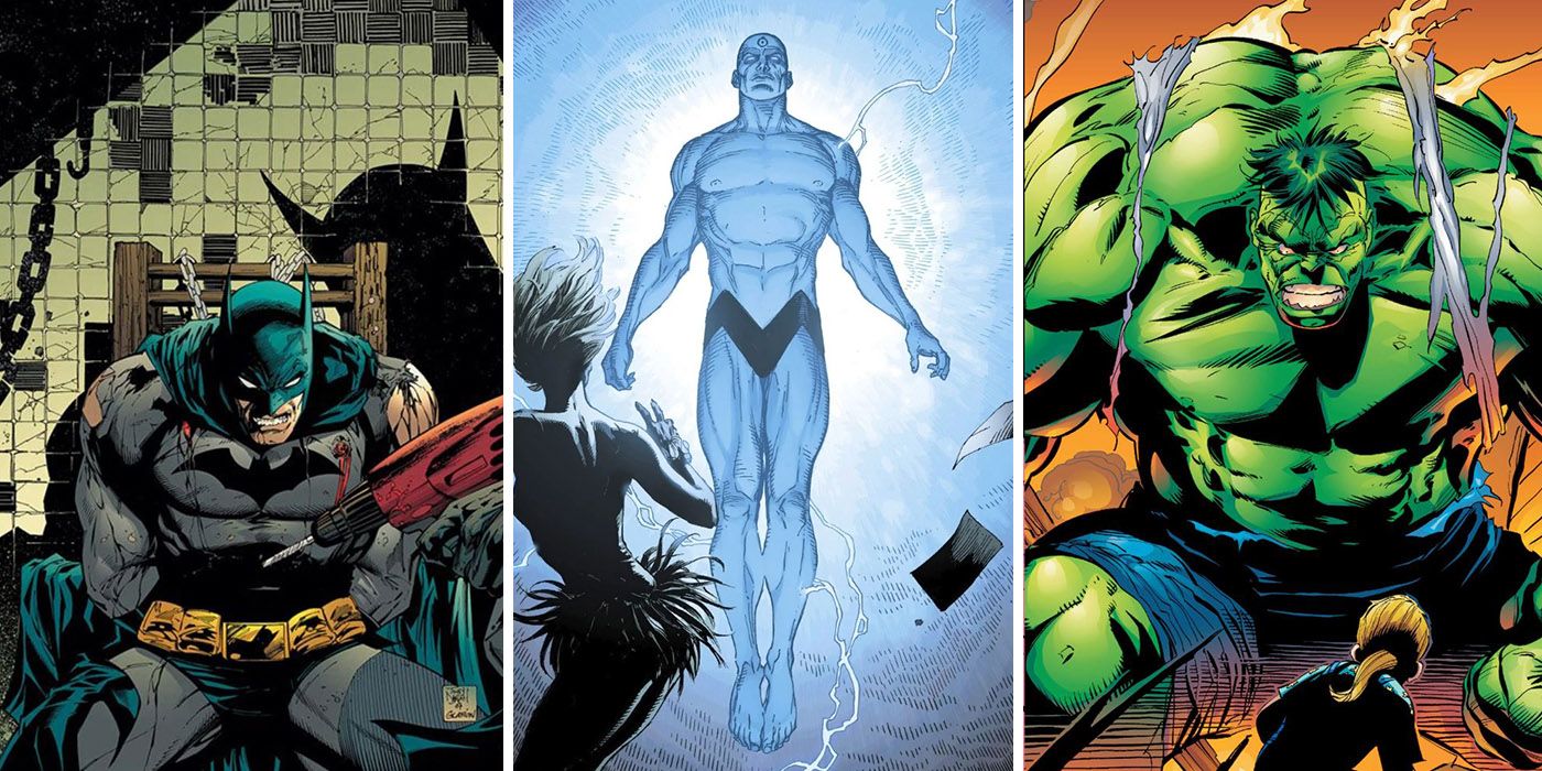 split image of Batman tied up, Doctor Manhattan in Doomsday Clock, and Incredible Hulk scaring a girl