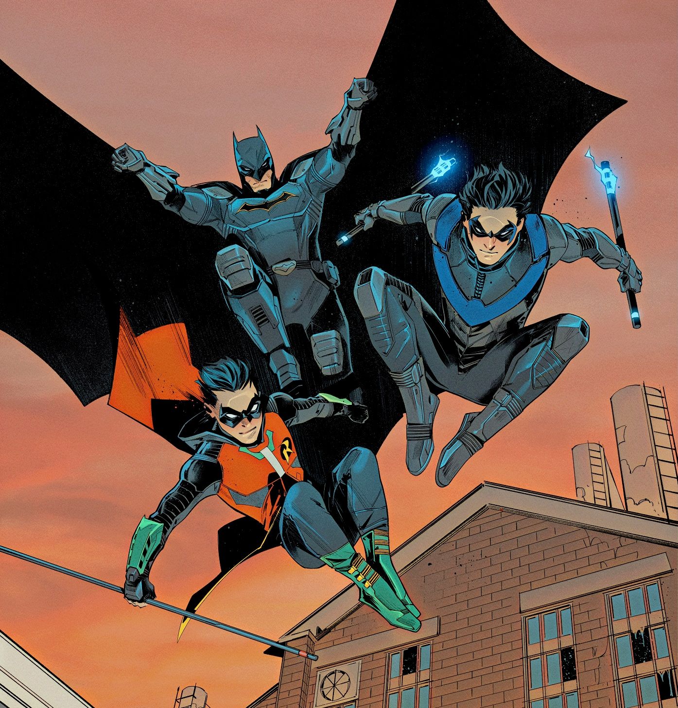 Batman, Nightwing and Robin swooping in Batman Gotham Knights Gilded City #2