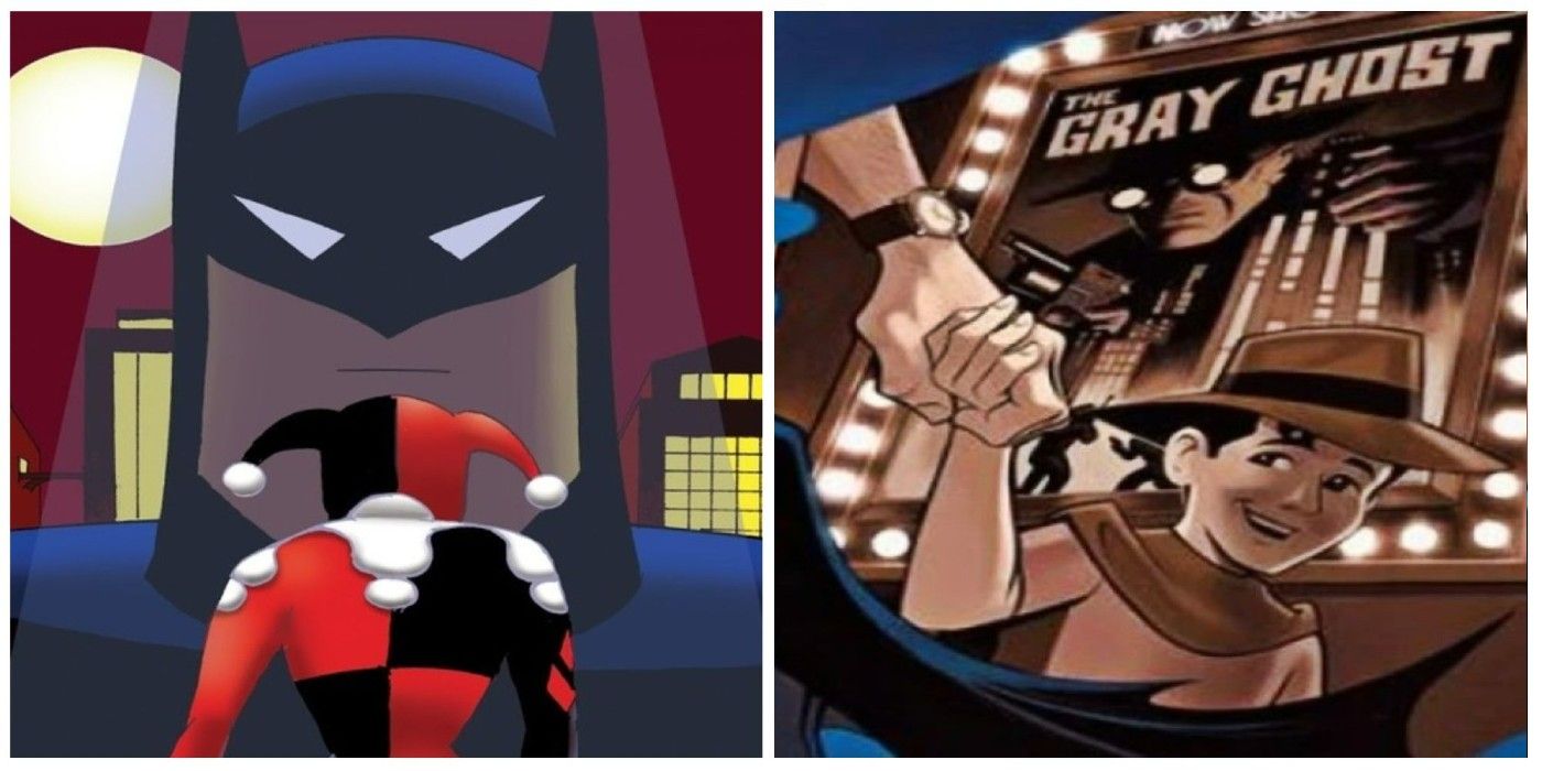 A split image of Batman keeping an eye on Harley Quinn and of a young Bruce Wayne holding his mom's hand