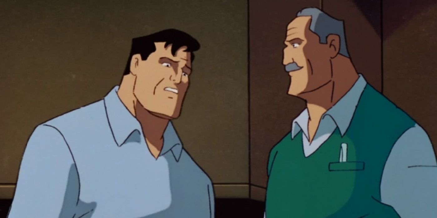 An anguished Bruce Wayne stands beside Thomas Wayne in Batman: The Animated Series.