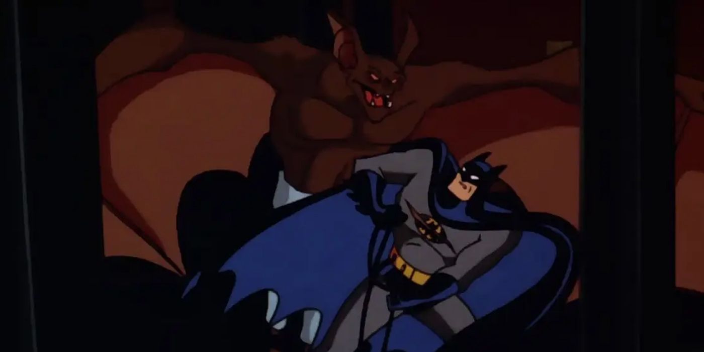 Batman fighting Man-Bat in Batman: The Animated Series.