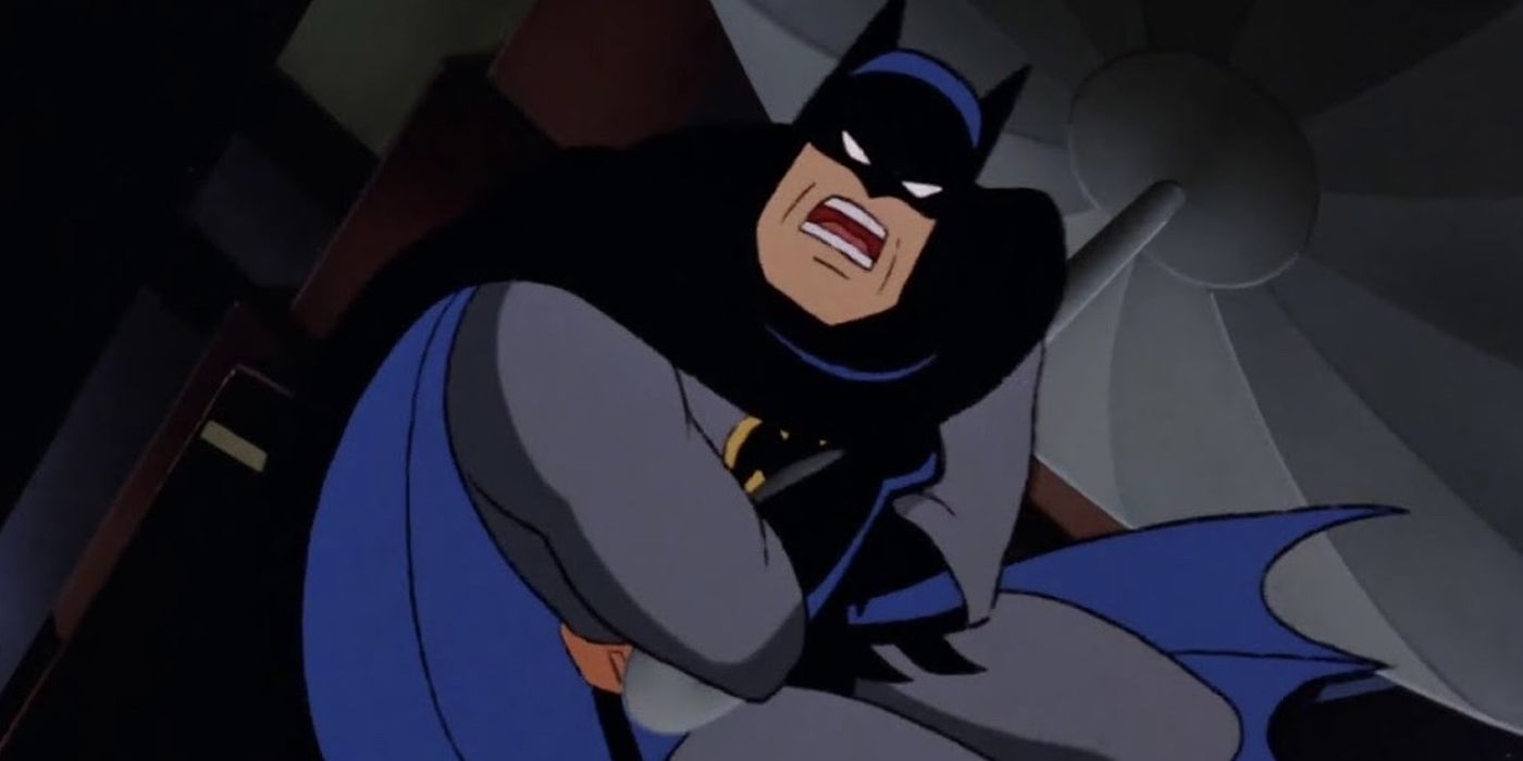 Batman holding on for dear life in the Nothing to Fear episode of Batman: The Animated Series.