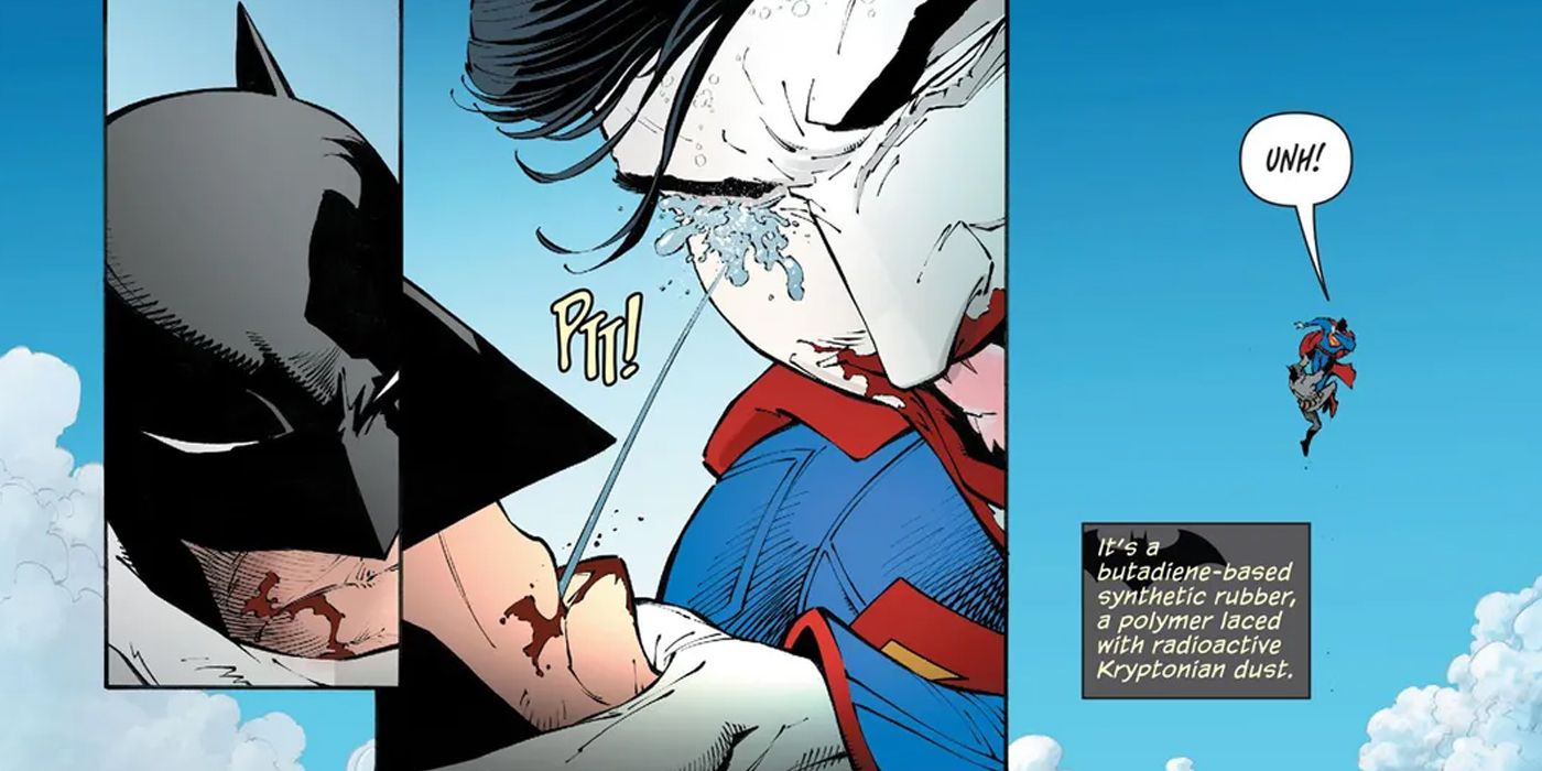 Batman spitting kryptonite gum into Superman's eye