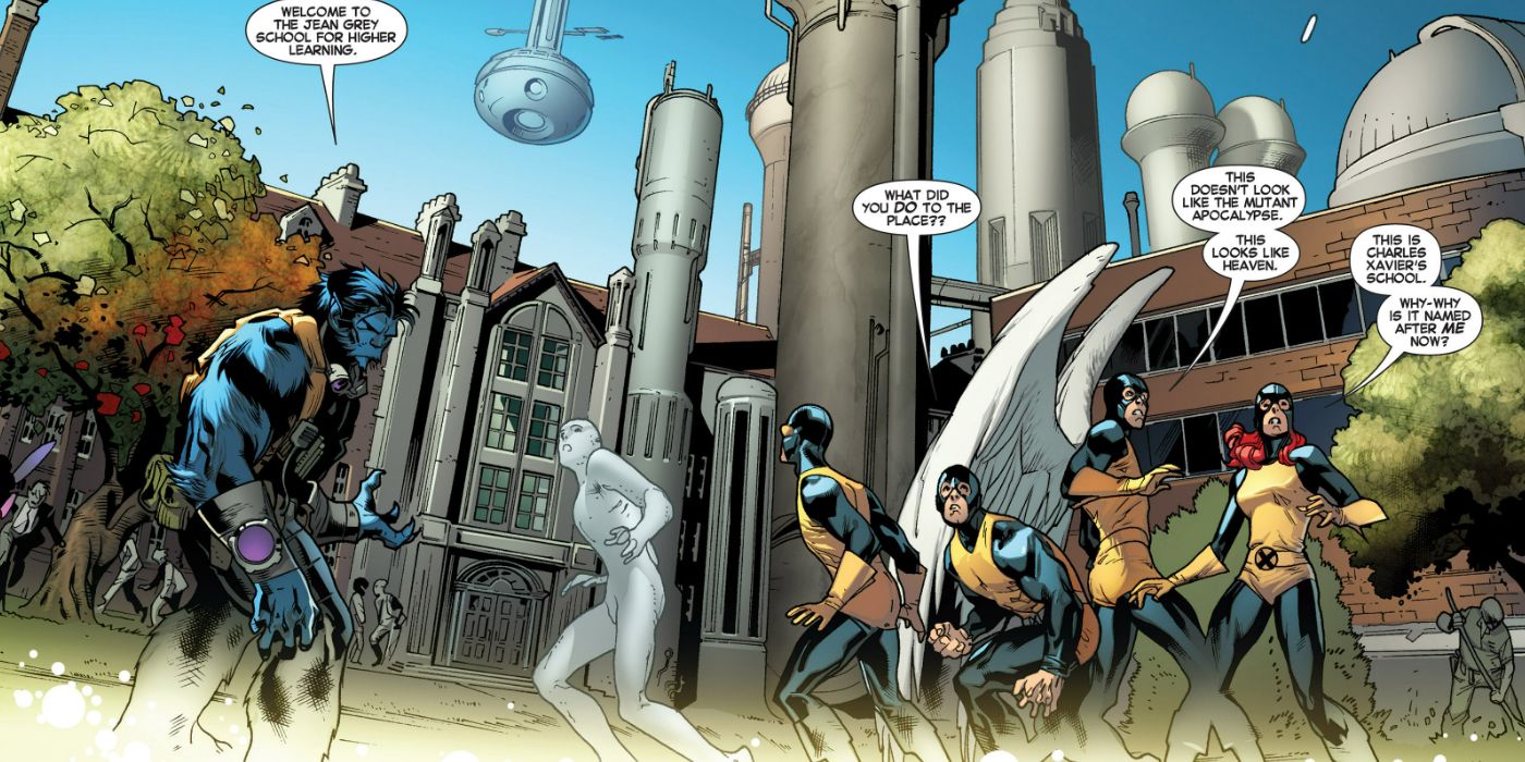 Beast and the original five X-Men arriving at the Jean Grey School for Higher Learning