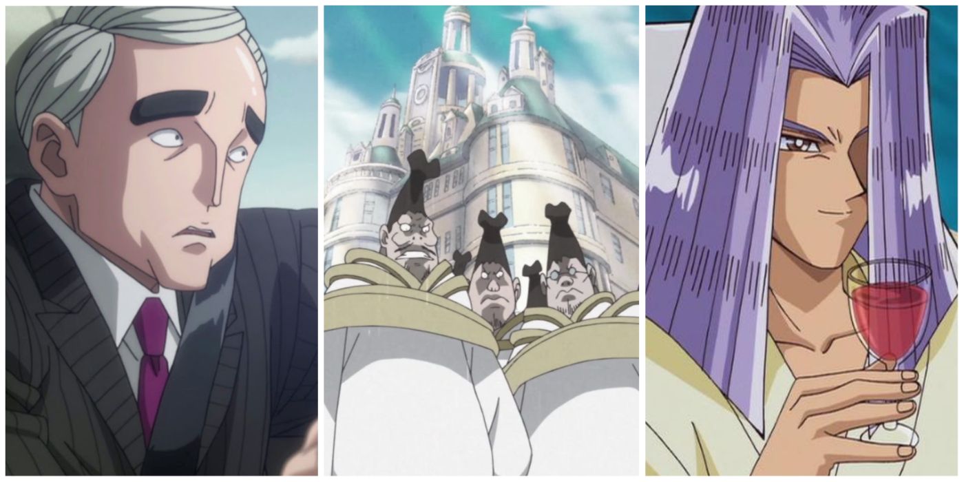 Bizeff from Hunter X Hunter, Celestial Dragons from One Piece, and Pegasus from Yu-Gi-Oh split image