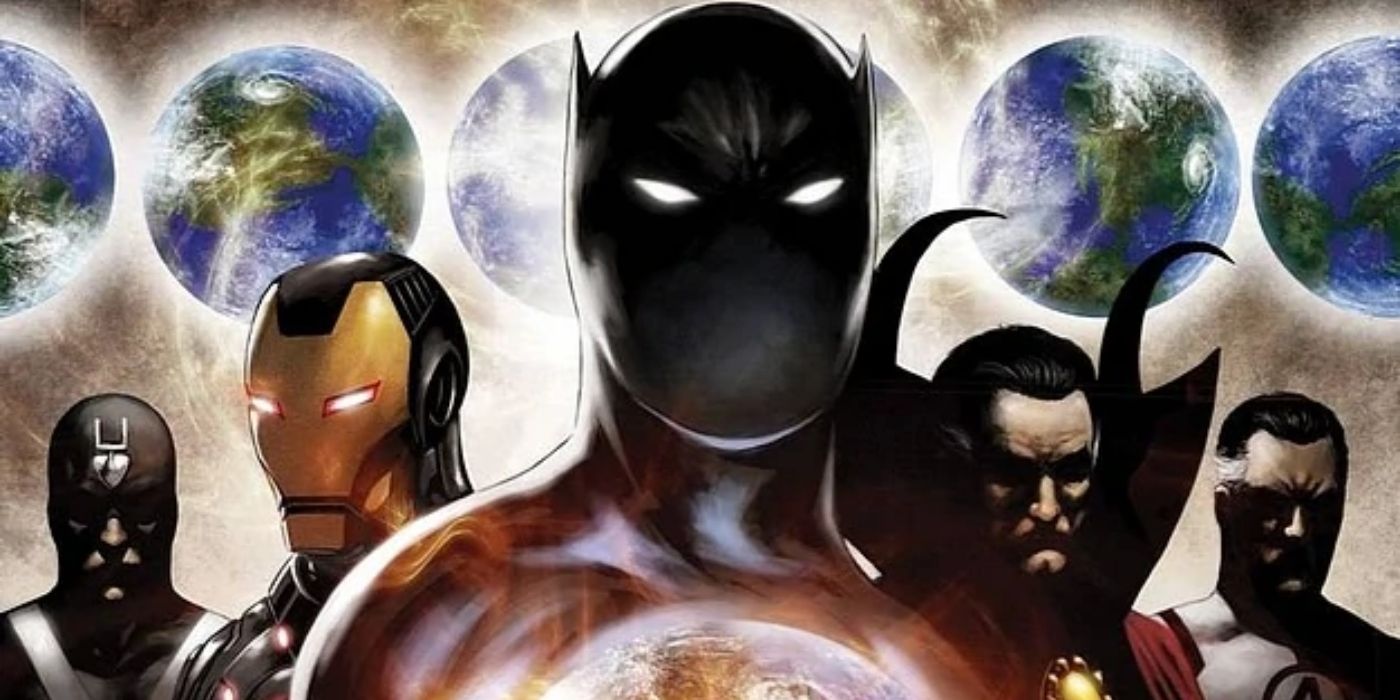 Black Panther stands with Marvel's Illuminati, with several Earths in the background