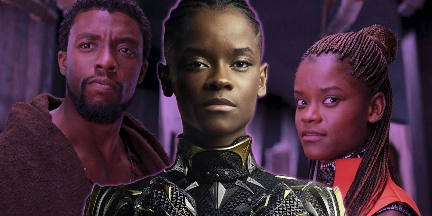 Shuri in Black Panther suit from Wakanda Forever over inbetween Shuri and T'Challa from first film