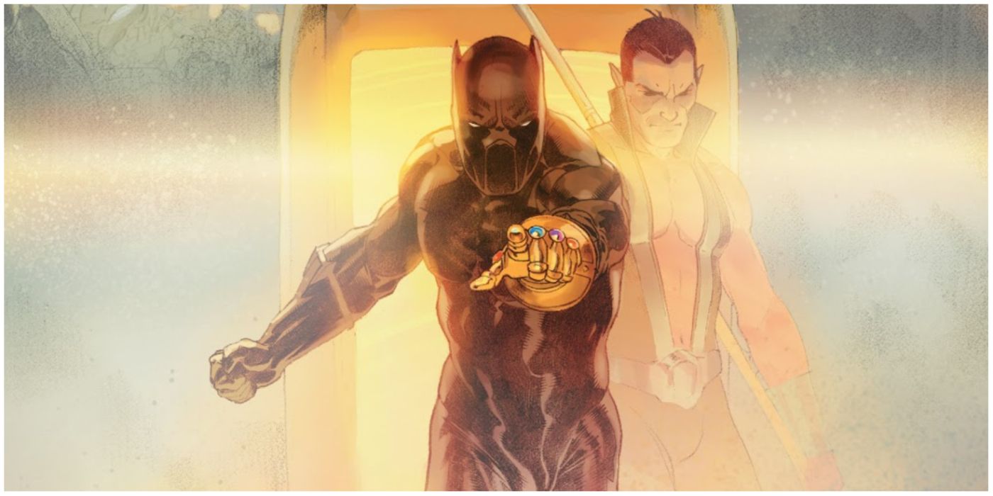 Black Panther weilding the Infinity Gauntlet with Namor behind him in Marvel comics
