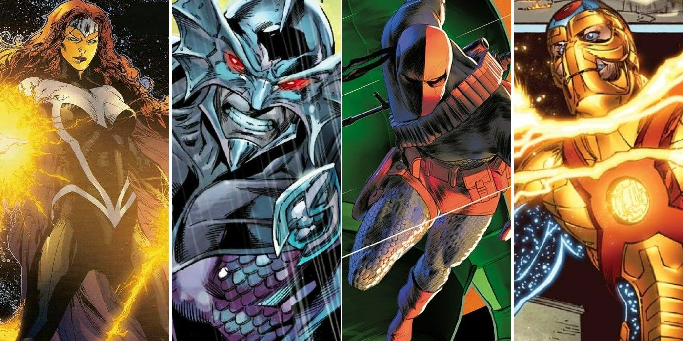 A split image of DC Comics villains Blackfire, Oceanmaster, Deathstroke, and Reactron