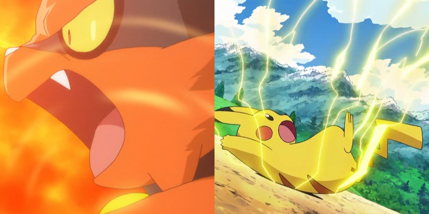 Split shot of the Blast Torracat strategy and Pikachu using Counter Shield in the Pokemon anime