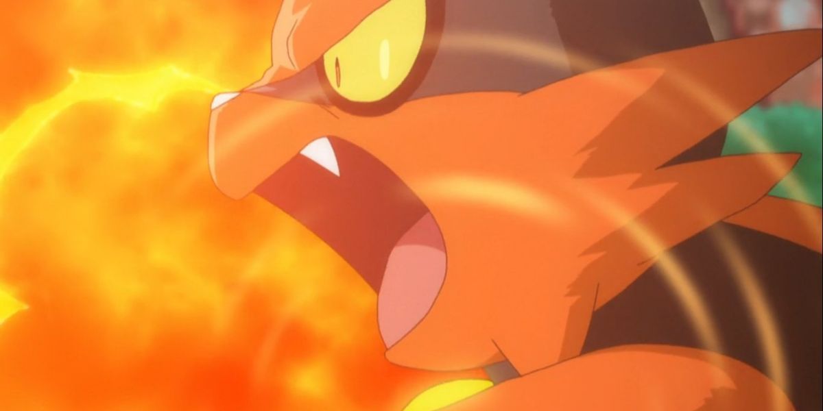 Ash's Torracat absorbs Blast Burn and uses it to power up in the Pokemon anime