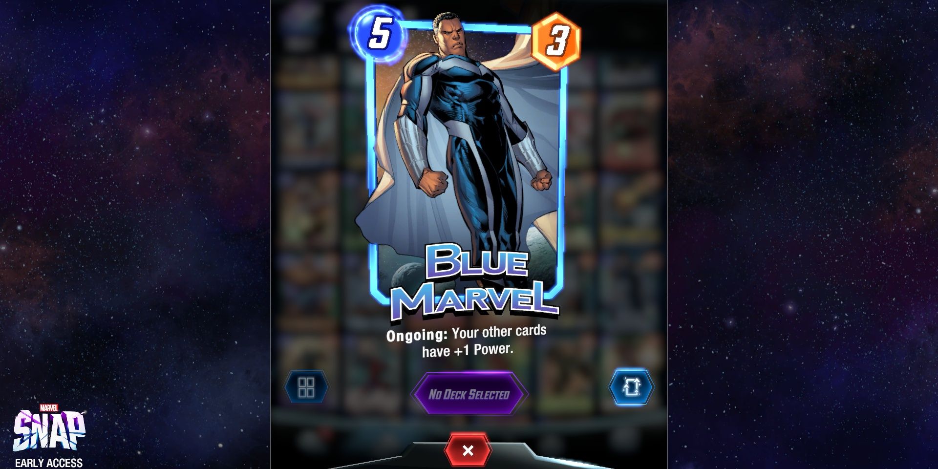 The Blue Marvel card in Marvel Snap on top of promotional art in a split image