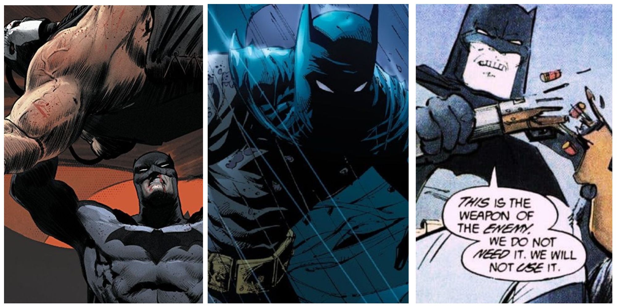 A split image of Batman and Bane, Batman silhouetted, and Batman breaking a gun in DC Comics