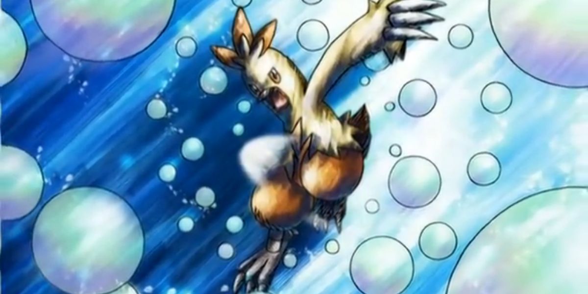 May's Combusken and Squirtle use a Sky Uppercut and Bubble combination in the Pokemon anime