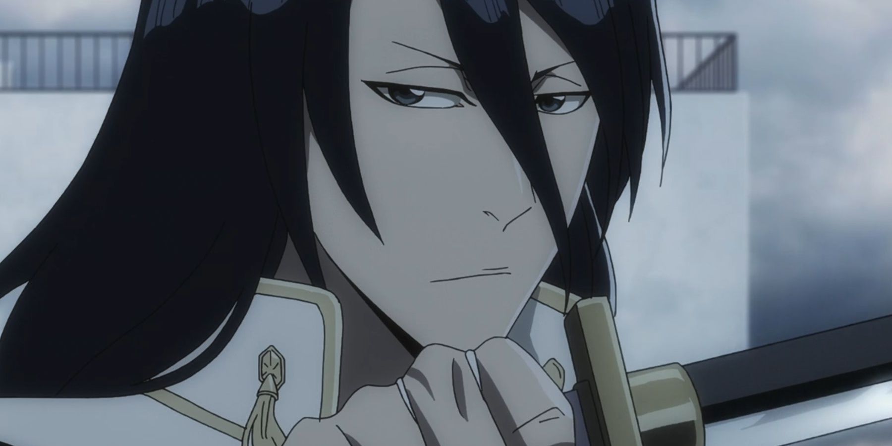 Byakuya Kuchiki confidently holding his zanpakuto in Bleach.