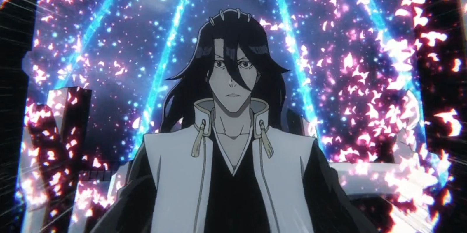 Byakuya Kuchiki looks shocked as his bankai is stolen behind him.