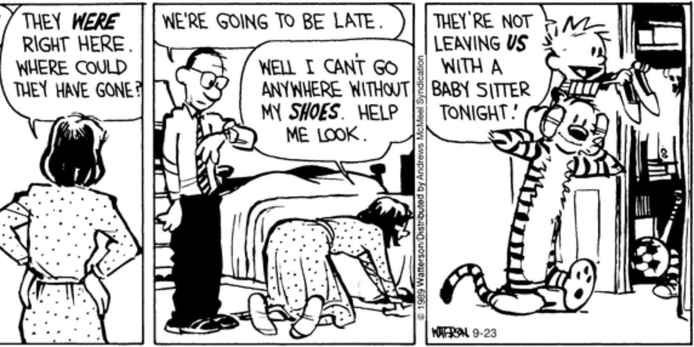 Calvin and Hobbes hide Calvin's Mom's shoes to avoid being babysat