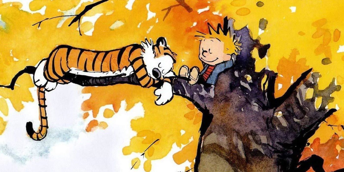 Calvin and Hobbes rest in a tree