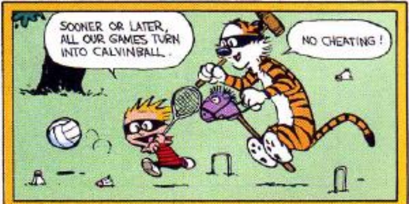 Calvin & Hobbes envolvidos no jogo improvisado aleatoriamente, Calvinball