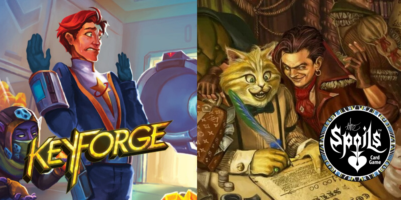 Split image featuring card art from Keyforge and the Spoils