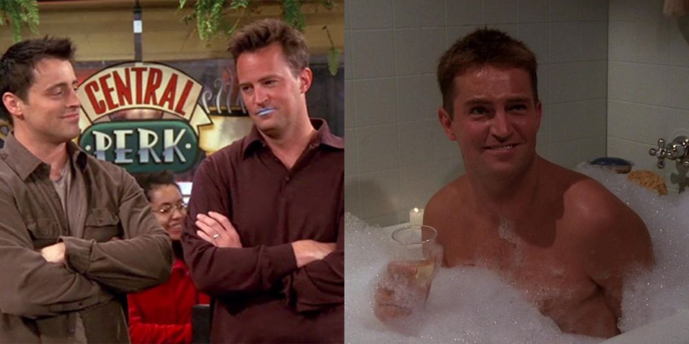 Two pannel: Chandler wearing lipstick and Joey amused and Chandler in the bath drinking wine.