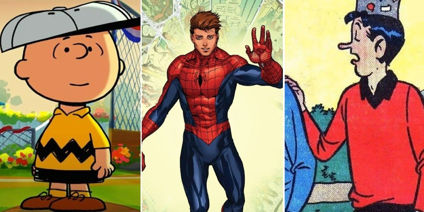 A split image of Charlie Brown, Spider-Man, and Jughead