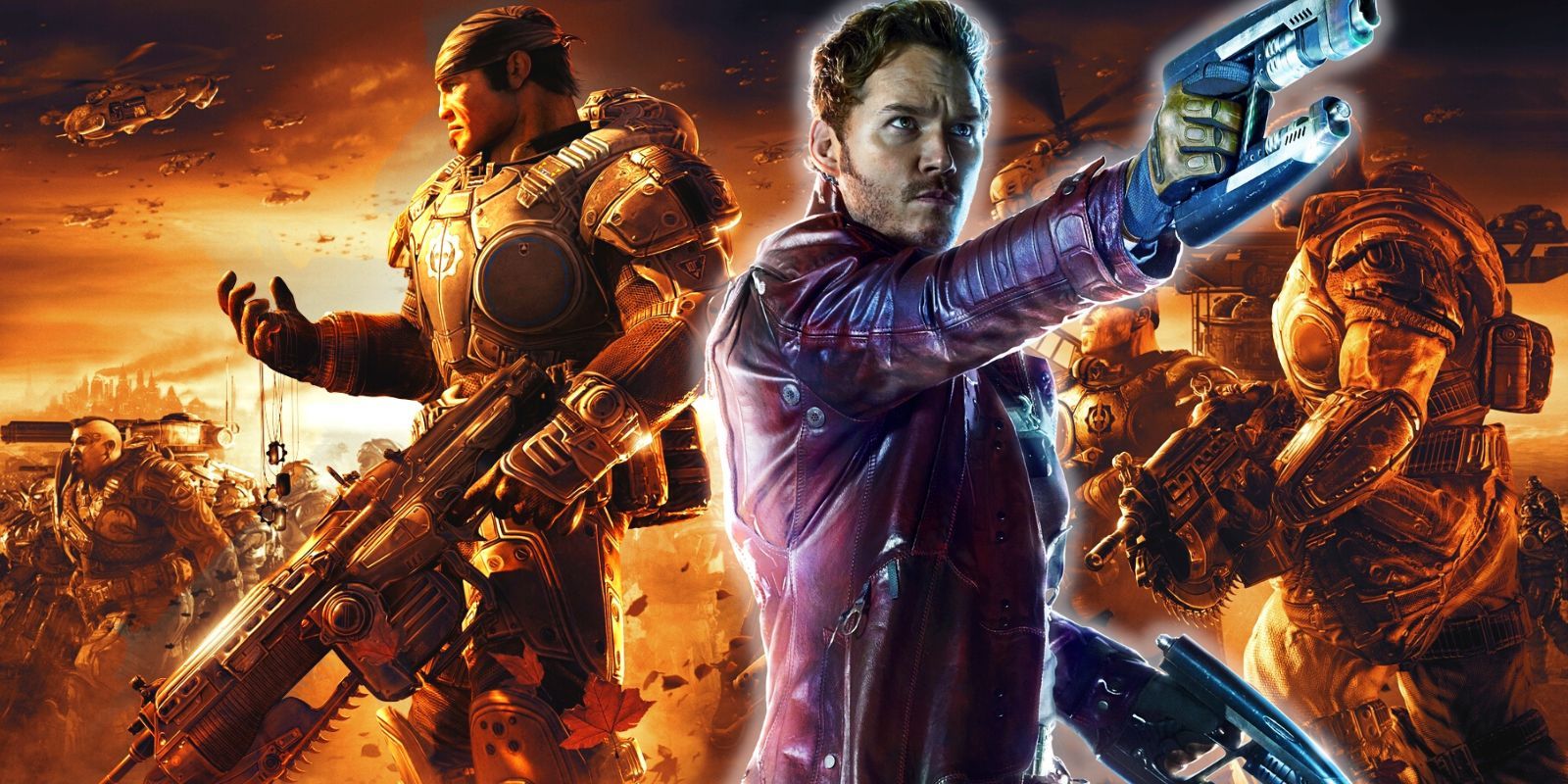 Chris Pratt alongside the cover art for Gears of War 2