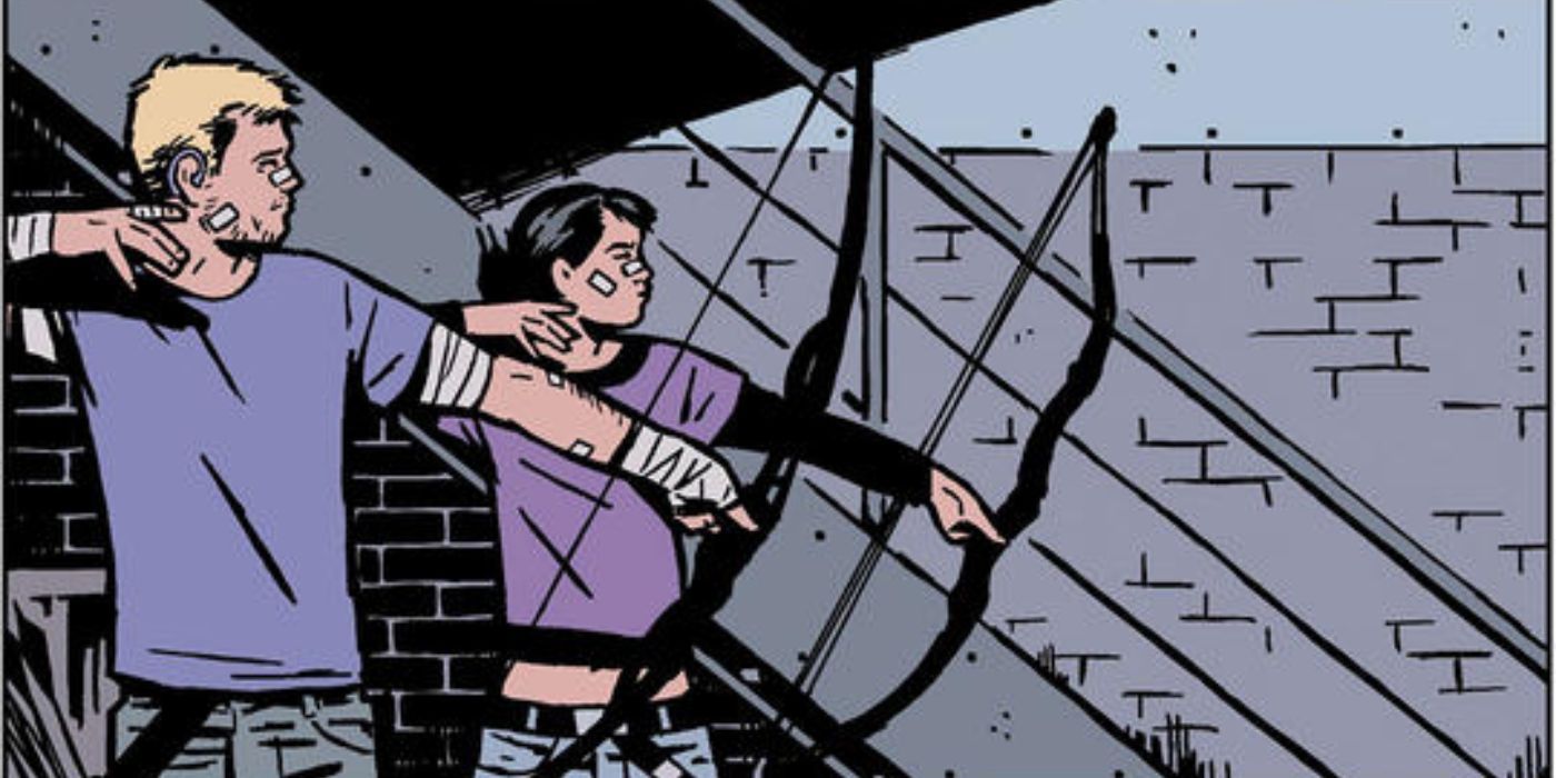 Hawkeyes Clint Barton and Kate Bishop release their bows after firing