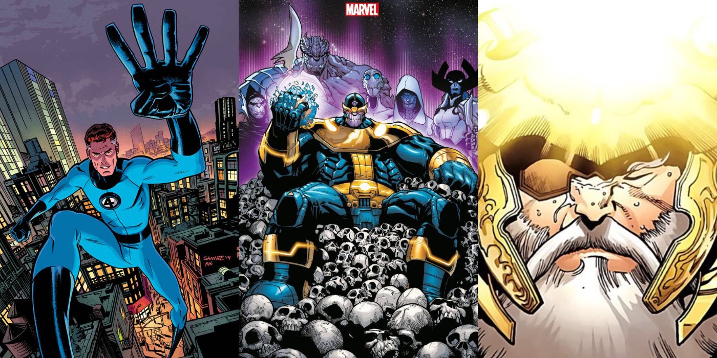 Odin the King of Asgard, Reed Richards of the Fantastic Four, and the Mad Titan Thanos