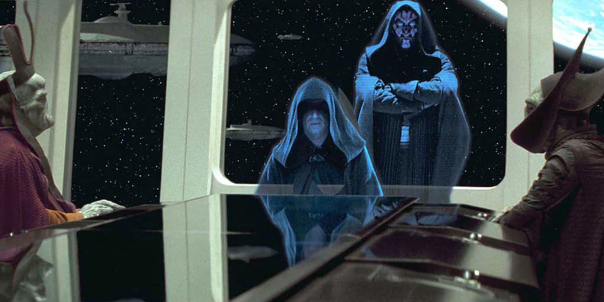 Star Wars' Darths Sidious and Maul meeting with Nute Gunray and Rune Haako