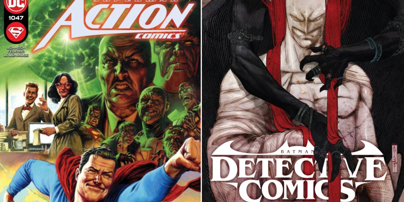 A split image of the covers of Action Comics #1047 and Detective Comics #1064 by DC Comics