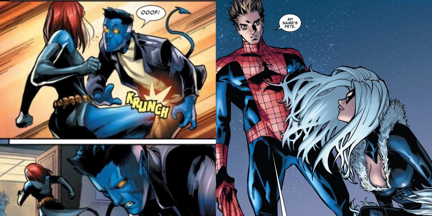 A split image of Mystique attacking Nightcrawler and Spider-Man and Black Cat