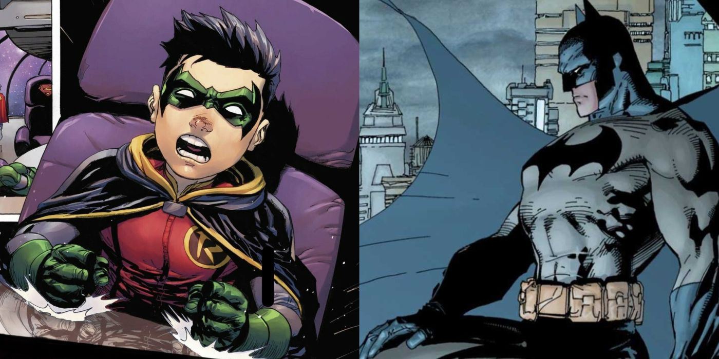 A split image of Damian Wayne and Batman