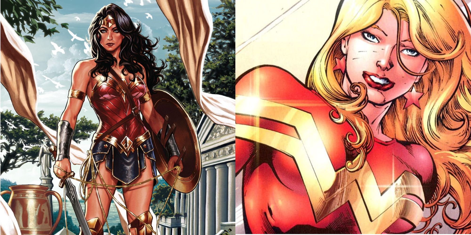 A split image of DC Comics' Wonder Woman posing with her sword and Cassie Sandsmark.