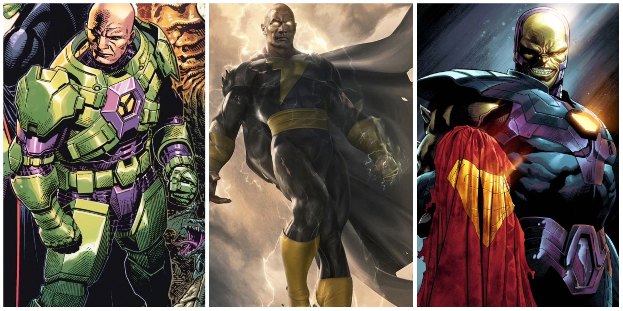 split image of comic book Lex Luthor, DCEU Black Adam, and Mongul
