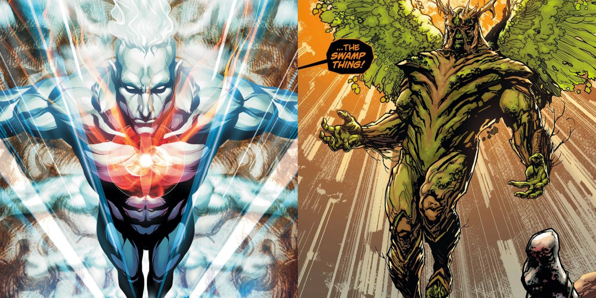 A split image of DC Comics' Captain Atom and Swamp Thing.