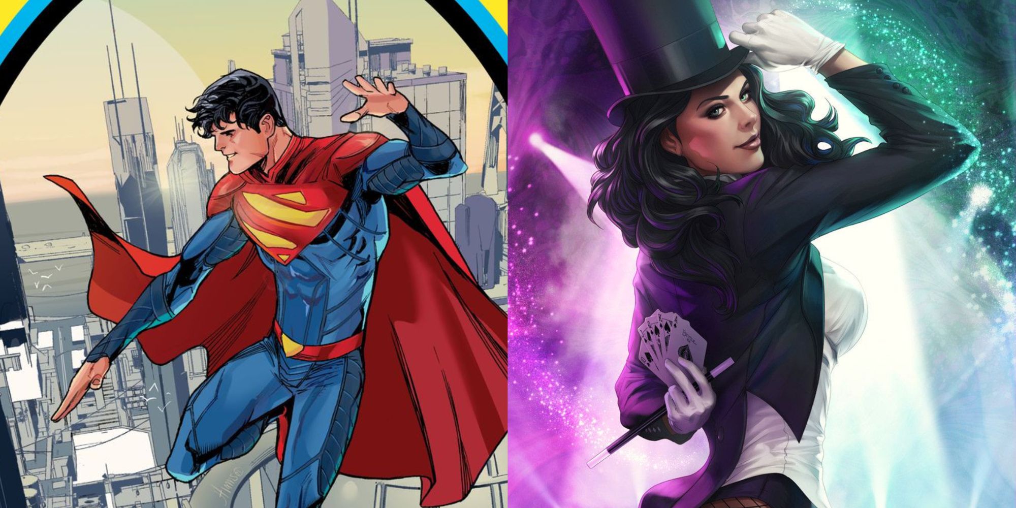 A split image of DC Comcs' Jon Kent as Superman and Zatanna.