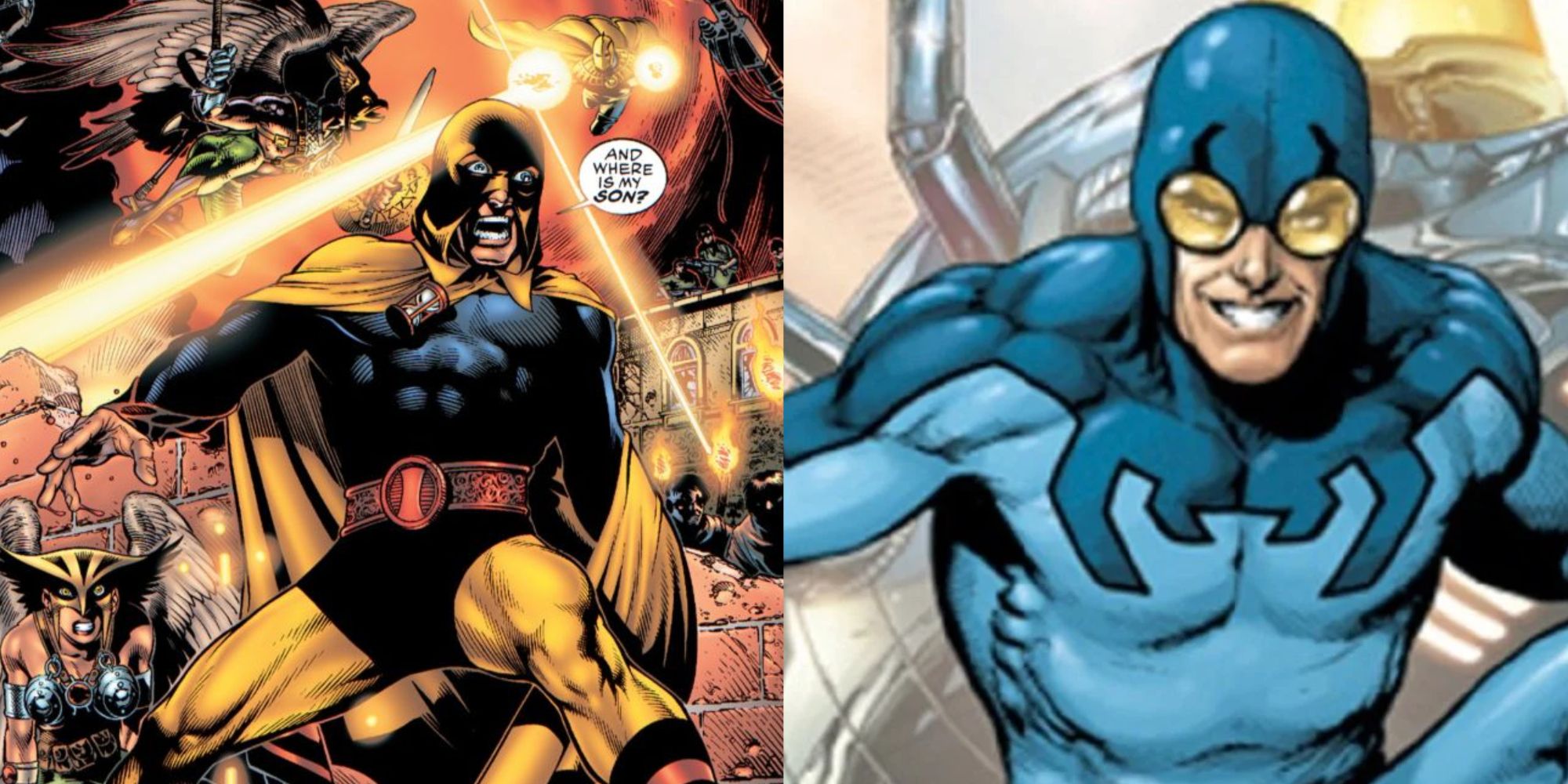 A split image of DC Comics' Hourman and Blue Beetle II.