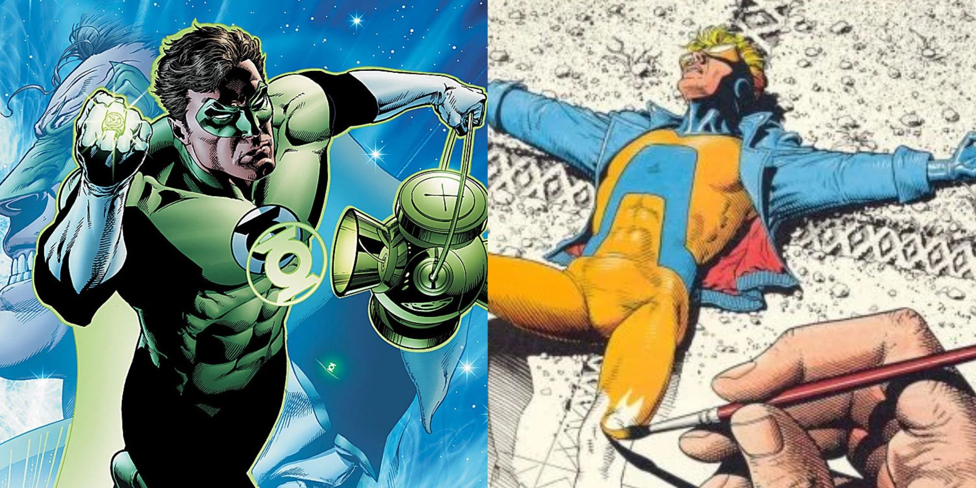 A split image of DC Comics' Hal Jordan and Animal Man.