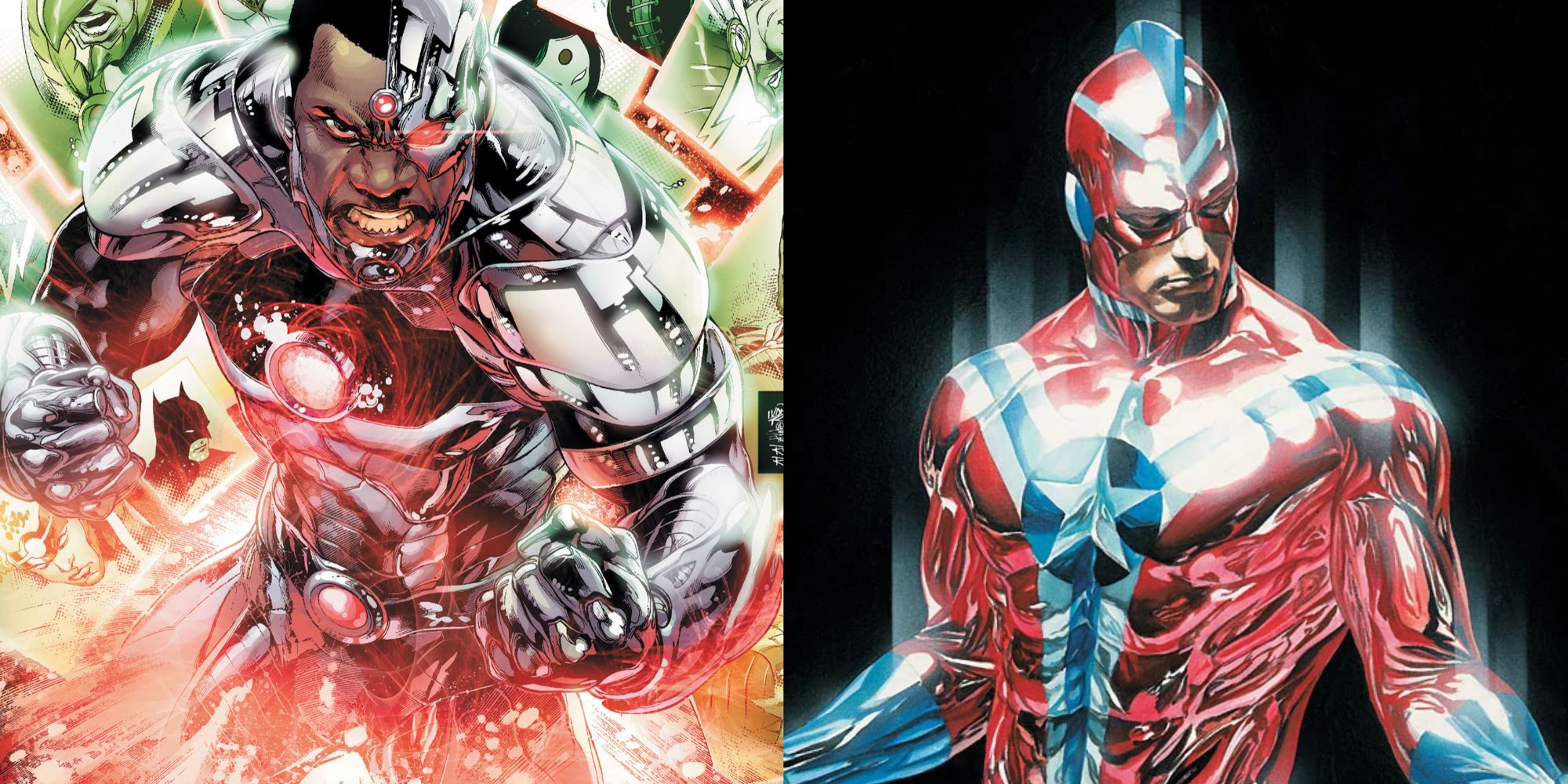A split image of DC Comics' Cyborg and Citizen Steel.