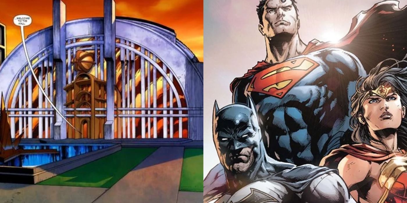 A split image of the Hall of Justice and Superman, Batman, and Wonder Woman from DC Comics