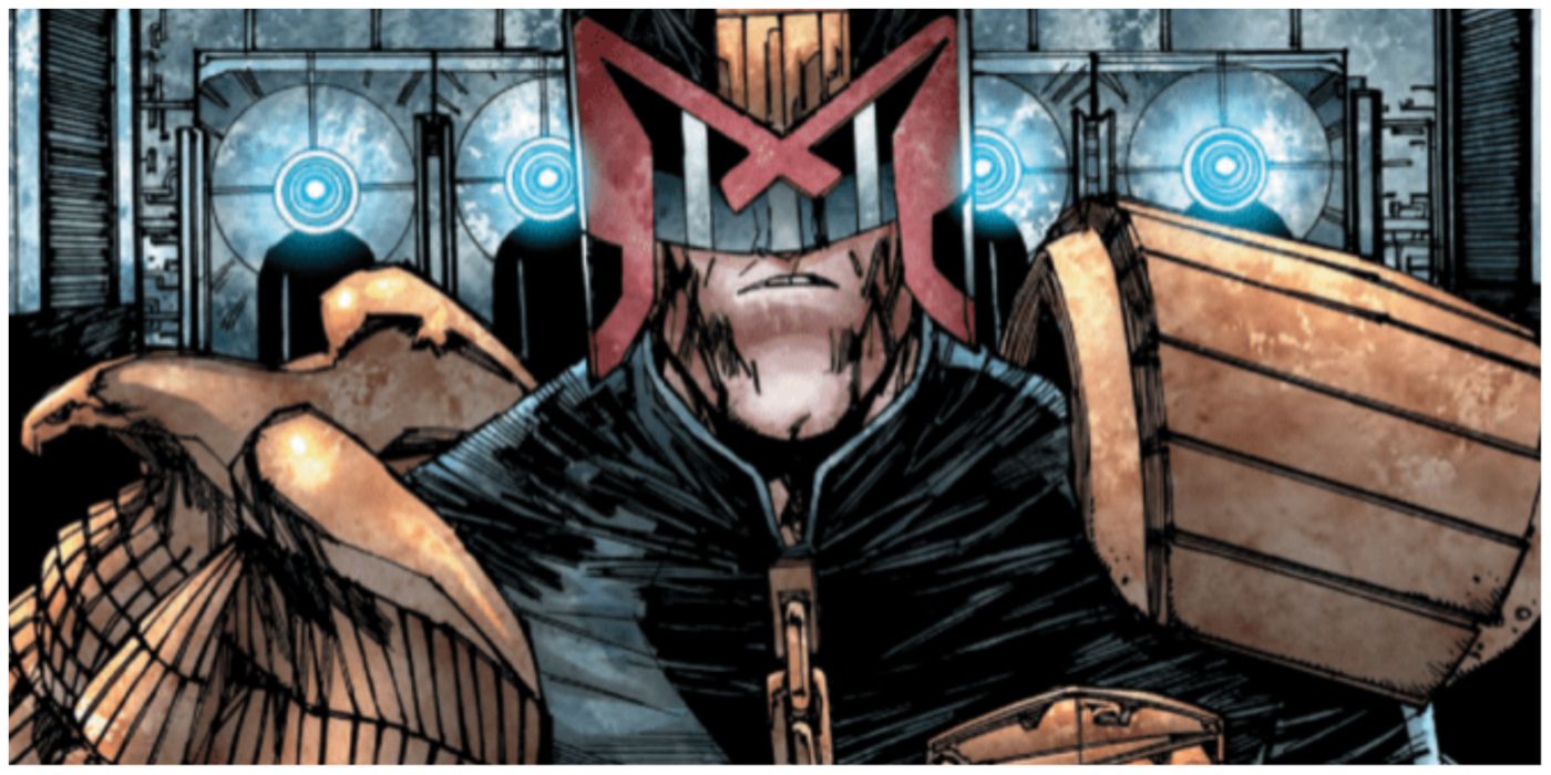 An image of comic art depicting Judge Dredd from The Small House