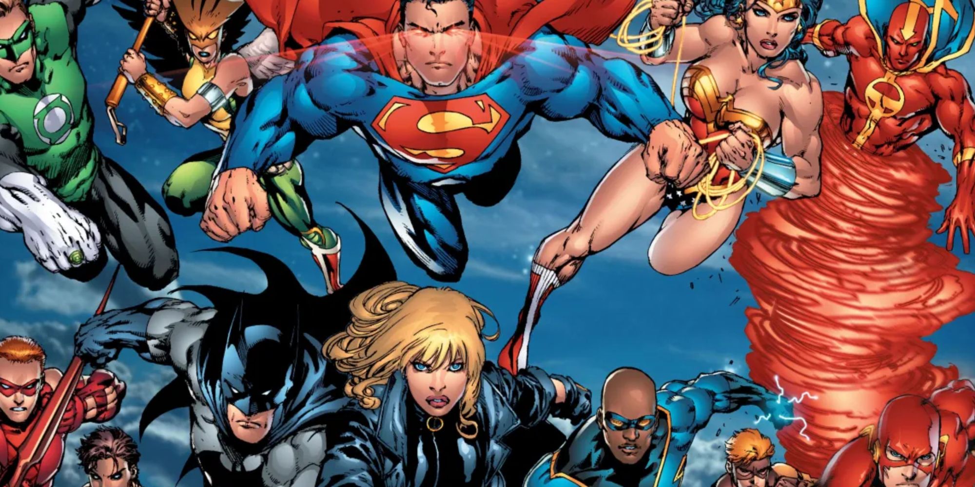 Black Canary's JLA team, including Superman, Wonder Woman, Batman, and others from DC Comics